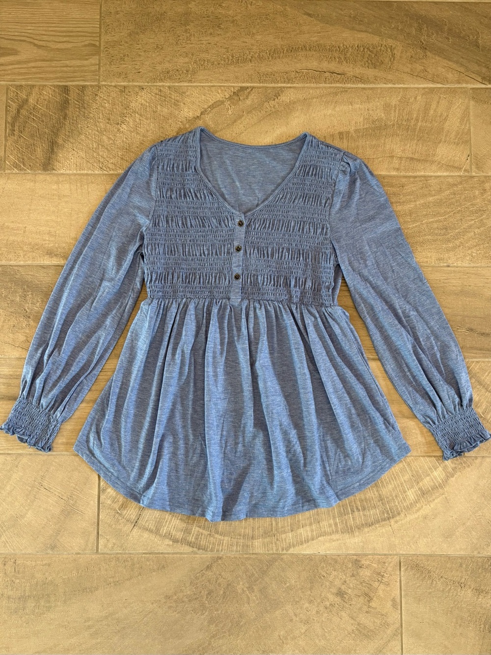 Blue Smocked Maternity Nursing Top Long Sleeve Babydoll Blouse Pregnancy -Medium - Picture 2 of 6
